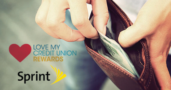 Love my credit union rewards and sprint logos on photo of man taking money from wallet.